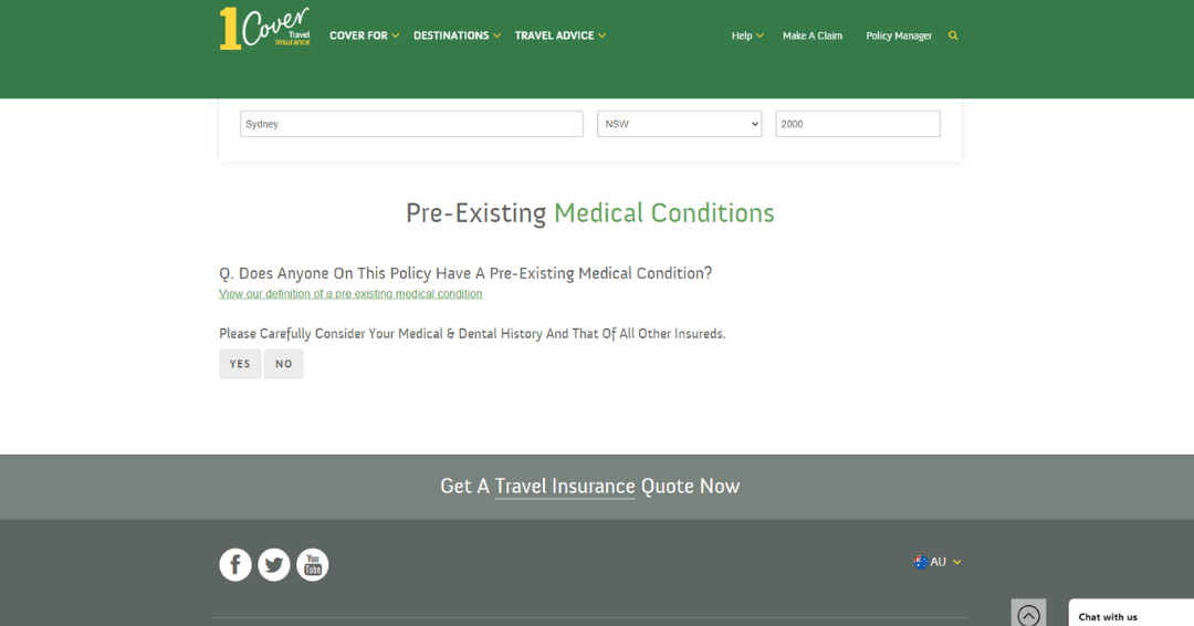 Screenshot of pre-existing conditions