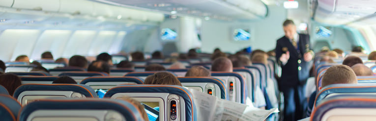 passenger on plane with air steward in background 